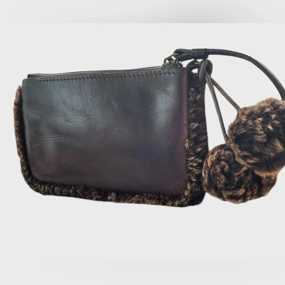 Patricia Nash Brown Leather Faux Fur Trim Wristlet Clutch Zip Pouch